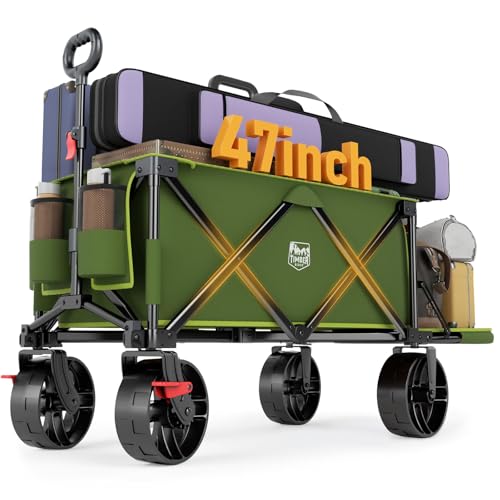TIMBER RIDGE 47"L Collapsible Folding Wagon with Tailgate, 550lbs Heavy Duty Beach Wagon with All-Terrain Big Wheels, 250L Foldable Utility Wagon Cart for Sand Camping Sports Shopping, Green Image