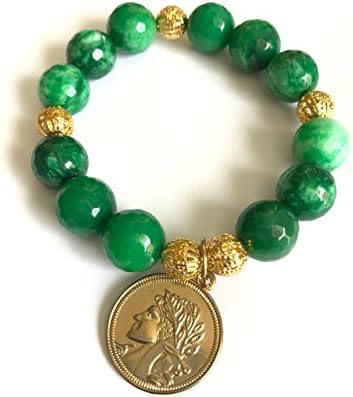 Agate Green Gemstone 12mm Beaded Bracelets with Vintage Coin Gold Charms
