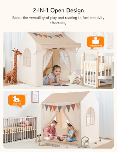 Besrey 2-in-1 Kids Play Tent with Canopy for Indoor and Outdoor Use with Lights, Bunting and Mat, Large Design for Reading and Creative Games - Ideal Christmas Gift for Kids