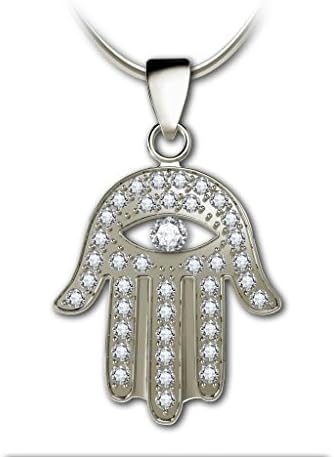 925 Sterling Silver Hamsa Hand Necklace Pendant for Women with Evil Eye Detail Pave Set with Clear Cubic Zirconia Gemstone Protection Everyday Amulet Jewelry, 18" Chain
