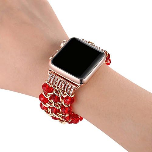Apple Watch Band 42mm, Fashion Handmade Elastic Stretch Crystal Beaded Bracelet Metal Chain Women Girls Strap Wristband for Apple Watch Series 3/2/1, Edition,Sports (red-42mm)