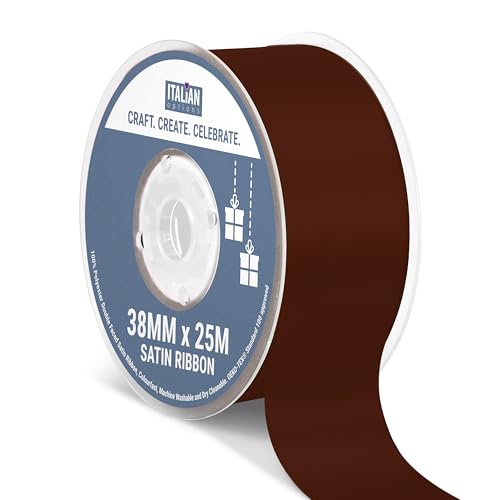 Italian Options Satin Ribbon, Fabric Ribbons for Gift Wrapping, Crafting, Balloons, Wedding Car, Presents, Cake, Christmas, Birthday, Gift Wrap Accessories, 38mm Wide x 25 Metre Roll, Brown