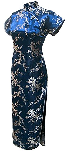 7Fairy Women's Vtg Navy Blue Floral Long Chinese Prom Dress Cheongsam Size 2 US