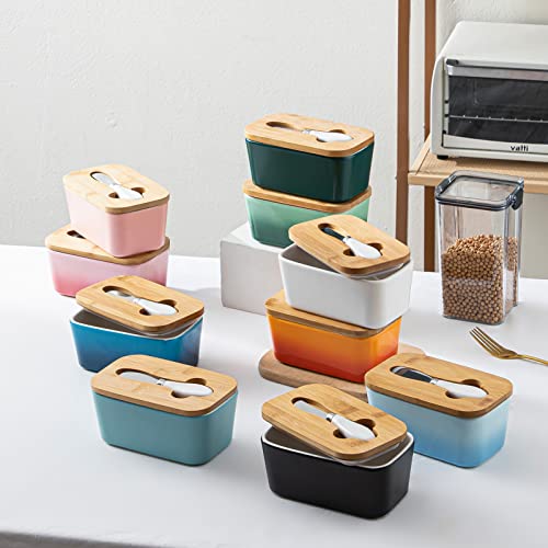 Porcelain Butter Dish with Knife & Wooden Lid, Henten Home Airtight Butter Keeper for Countertop, Large Butter Holder for East West Coast Butter(Matte Black)