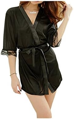 Lolidolls QM4045 Women's Romantic Lace Trim Nightgown Sleepwear Satin Short Robe XS-S Black