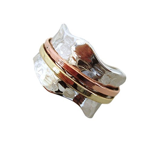 ENERGY STONE925 Sterling Silver Fidget Ring | Women Spinner Ring | Breeze | Clean Simple Silver Ring | Fidget Anxiety Comfort Meditation Ring | Brass & Copper Spinners on Hammered Base | Size 5-12