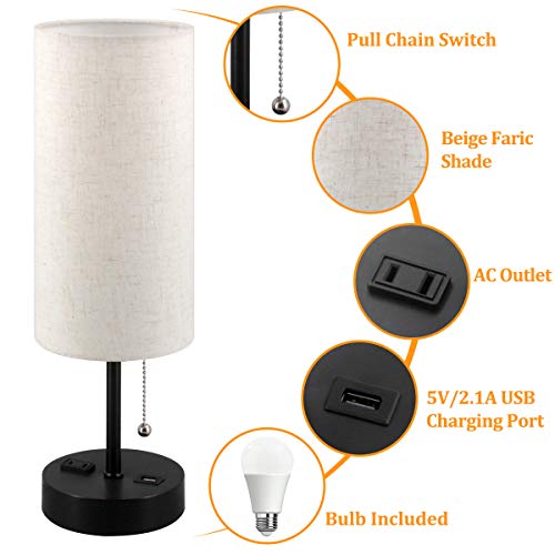 USB Bedside Table Lamp, 2700K 4000k 5000K Nightstand Lamp with Pull Chain, Bedside Lamp with USB Port & AC Outlet, Table Lamps for Bedrooms Living Room, Bulb Included, Fabric Linen Lamp Shade, 1PK