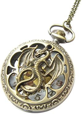 Ancient Bronze Dragon Pocket Watch Necklace Jewelry Pendant Men's Gift