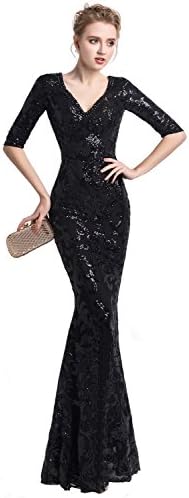 Risestaryiding Women's Mermaid Sequins Dress Half Sleeve Beads Evening Party Dress (Black, 6/8)