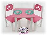 Matty's Toy Stop 18 Inch Doll Furniture Pink/White Wooden Table and Chairs Set with Placemats (Floral Design) - Fits American Girl Dolls