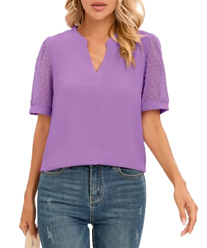 NILOUFO WOMENS SUMMER CASUAL SHIRTS SHORT SLEEVE TOPS NOTCH V NECK BLOUSES TRENDY TUNIC(B:LIGHT PURPLE, SMALL)