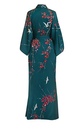 Old Shanghai Women's Kimono Robe Long - Watercolor Floral, Cherry Blossom & Crane- Teal, One Size. - Thumbnail 2