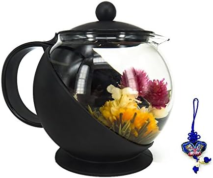 Half-Moon Teapot with 6 Flowering Teas, Removable Steel Infuser ,Black (42 oz + 6Flowering Teas)