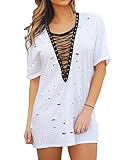 Imily Bela Women's Short Sleeve Mock Neck Lace Up Ripped T Shirt Dress Tops Tees