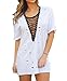 Imily Bela Women's Short Sleeve Mock Neck Lace Up Ripped T Shirt Dress Tops Tees