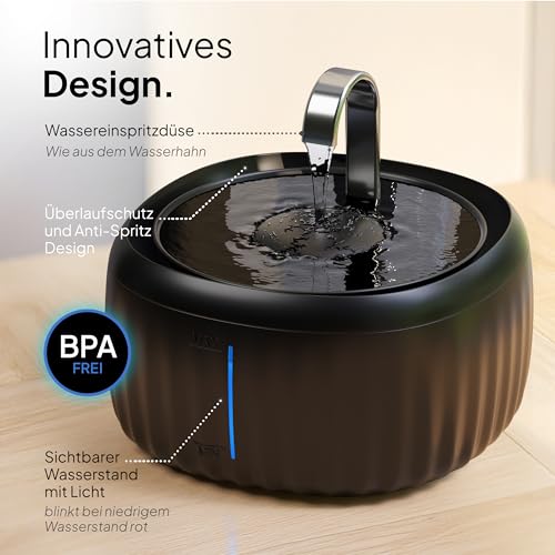 PrettyPaw Cat Fountain - Super Quiet, BPA-Free 3L Drinking Fountain for Cats with LED and Activated Carbon Filter - Easy to Clean Cat Drinking Fountain - Aqua Flow (Black)