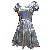 pinda Holographic High Waisted Flare Skater Dress (M, Silver)