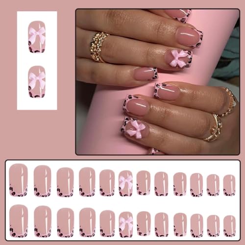 Short Press Leopard French Tip False Nails with Pink Glossy Bow Design - Glue on Nails Full Cover Stick on Nails - 24Pcs - Image 2
