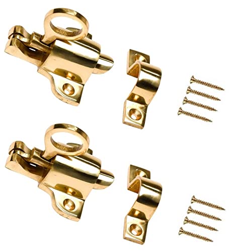 TERF® Traditional Vintage Polished Brass Window Fanlight Skylight Catch Security Pull Ring Spring Bounce Door Bolt Latch Locks with Fixing Screw for Cupboard Cabinet Wardrobe Door Gate - Pack of 2