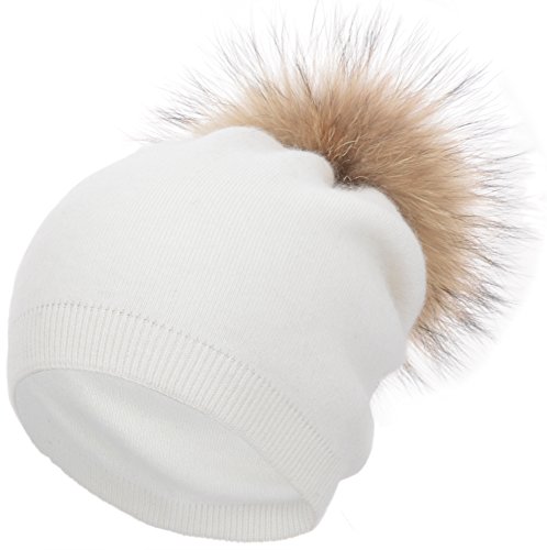 EASTER BARTHE Womens Grils Pure Double-Deck Cashmere Wool Blend Removable Raccoon Fur Pompom Winter Warm Knit Beanie Slouchy Skull Hat Cap (White)