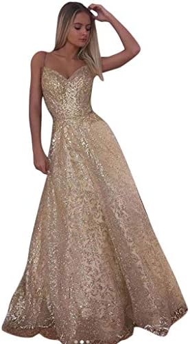 Hanomes Women Cocktail Dress Camisole Sleeveless Backless Gold Evening Dress V Neck Long Dress Fashion Elegant Ball Gown Bridesmaid Dress