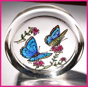 HENSITA Decorative Hand Printed Stained Glass Paperweight in a Blue Butterflies Design