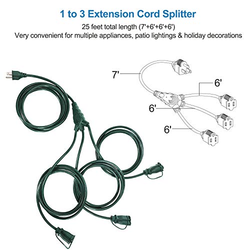 DEWENWILS Outdoor Extension Cord 1 to 3 Splitter, 3 Prong Outlets Plugs, 25 ft