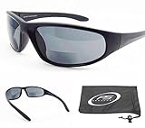 Bifocal sunglasses with ANSI Z87 Polycarbonate Smoke Lenses. Microfiber Cleaning Case included.