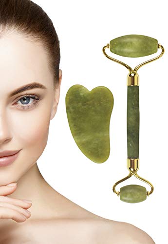 Branfit Jade Roller & Gua Sha Scrapping Tool Set – Ultimate Skin Care Solution for Anti-Aging & Anti-Wrinkle – 100% Natural Jade Stone Face Roller is also Perfect as Neck & Puffy Eyes Massager
