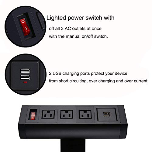 Desktop Clamp Power Socket with 2 USB Ports, Removable Mount Multi-Outlets with Switch, Desk Power Bar Station Connect 3 Plugs for Reading Home Office