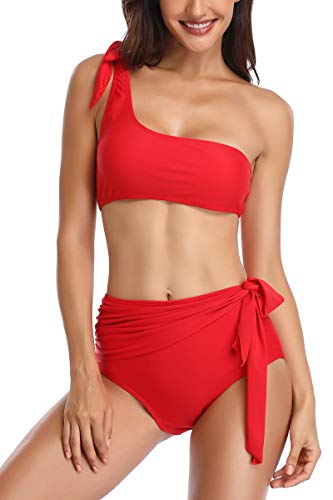 Almaree Woman's One Shoulder Tie Front Two Piece Bathing Suit Crop Top Swimsuit Red L - Thumbnail 4