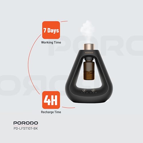 Porodo Essential Oil Diffuser, Mini Scent Air Machine, Waterless Diffuser with Timing & 3 Mist Levels, Aroma Diffuser for Home Scent Aromatherapy Diffuser, Room, Car, Office (Black)