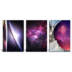 3 Panel Canvas Wall Art - Space Theme with The Universe, Milk and Astronaut - Giclee Print Gallery Wrap Modern Home Art Ready to Hang - 16"x24" x 3 Panels