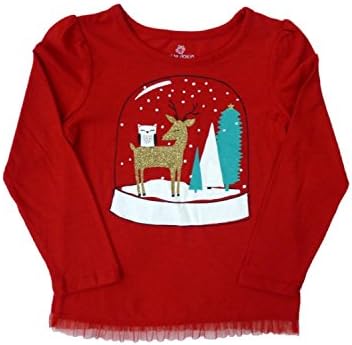 Girl Red Glittery Deer Holiday Long Sleeve Shirt Snow Globe T-Shirt L