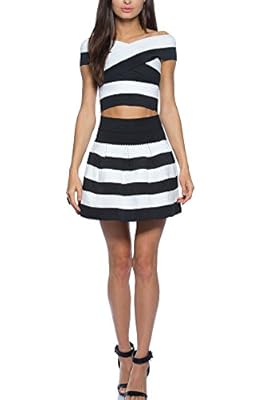 Juniors Teens Dressy Mini Two Piece Skirt and Top Set Off The Shoulder Bandage