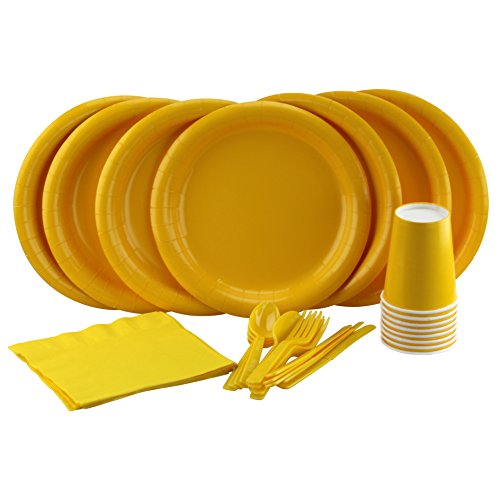 Party Lovers Premium Party Supplies Disposable Dinnerware Set - 20pc Includes Yellow Dinner Plates, Cutlery, Tablecloth Napkins and Cups - Birthday Paper Tableware Collections