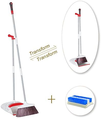 IKU Transmutable in Length Long Handle Broom and Dustpan Set - 3 Poles (48'') &amp; 2 Poles (35.2'') - Indoor Upright Standing Collapsible Lobby Broom for Home Office Kitchen with Hand Scrub Brush(White)
