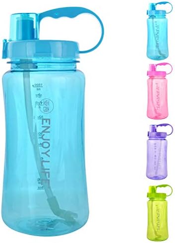 GTI Water Bottle with Straw, 64 oz & 48 oz Wide Mouth Portable Large Plastic Bottle Leak Proof Sports Cup Big Travel Mugs with Scale Strap