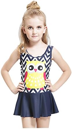Girls' One-Piece Owl Pattern Swimsuit (128(5-6 Years), blue)