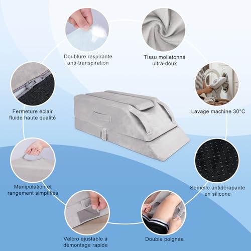Leg Raise Cushions, Adjustable in 4 Heights, Ideal for After Surgery, Injuries or Relaxation, Orthopaedic Memory Foam, with 3 Handles and a Removable Insert, Washable Velvet Cover