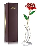 ZJchao Long Stem Dipped 24k Gold Rose in Gift Box with Clear Display Stand (Red)