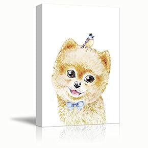 Dogs Series Canvas Wall Art - Watercolor Style Painting of a Cute Dog with a Bird - Giclee Print Gallery Wrap Modern Home Art Ready to Hang - 12x18 inches