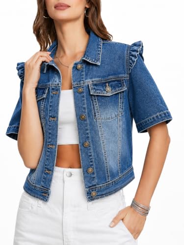 Kedera Womens Cropped Denim Jacket Short Sleeve Ruffle Chest Pockets at Amazon