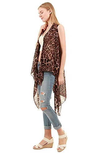 CCFW Sleeveless Animal Printed Hem Open Front Cardigan Multi Scarf Vest (Brown Leopard)