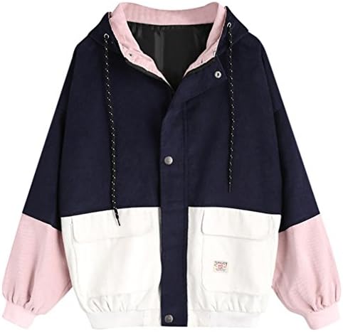 TAORE Tops Women Oversize Boyfriend Jacket Long Sleeve Corduroy Patchwork Windbreaker Coat Overcoat (XL, Navy)