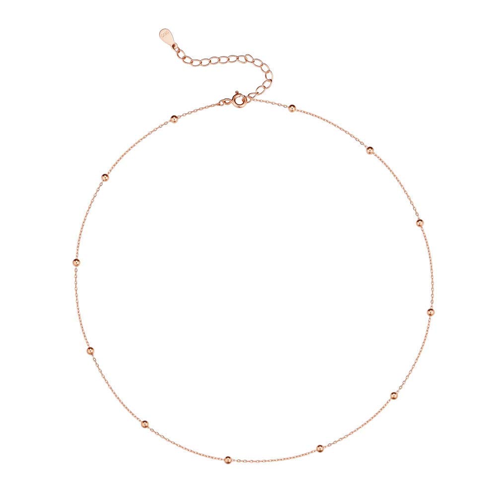 Minimalist Ball Beads Choker Sterling Silver Necklace for Women Teen Girls Satellite Beaded Adjustable Chain Layering Simple Chokers Rose Gold Plated