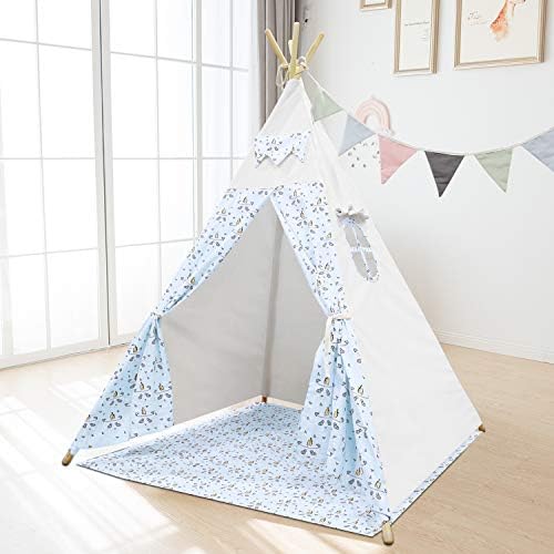 Jadlisea Teepee Tent for Kids, Indoor Outdoor Childrens Play Tent with Banner & Floor Mat & Carry Case, Cotton Canvas Tipi Wigwam, Foldable Indian Style Playhouse for Girls and Boys (Blue)