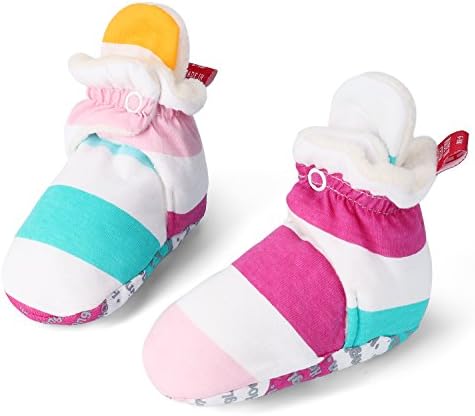 Unisex Baby Newborn Cozie Cotton Bootie Baby Boys and Girls Shoes Socks with Non-slip Mat (Stripe, 3-6 M)