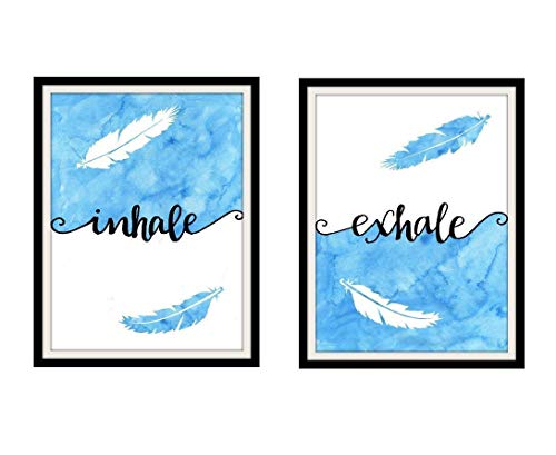 Inhale Exhale 8x10 Inch Pair of Art Prints Feather Artwork Zen Wall Decor Blue and White - 2 Pieces