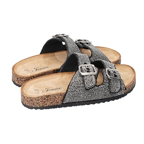 JOMIX Women's Flip Flops with Rhinestones Double Strap Sandals with Adjustable Buckle and Soft Cork Summer Clogs Comfortable Footwear